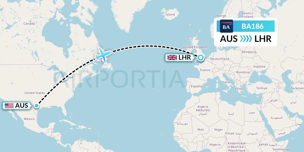 BA186 British Airways Flight Map: Austin to London