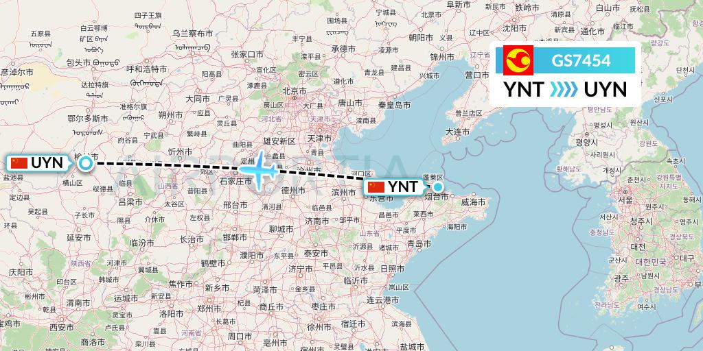 GS7454 Tianjin Airlines Flight Map: Yantai to Yulin
