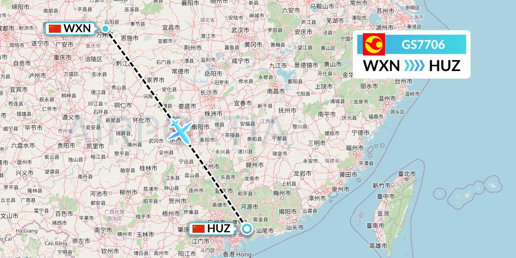 GS7706 Tianjin Airlines Flight Map: Wanzhou to Huizhou