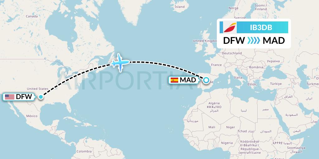 IB3DB Iberia Flight Map: Dallas to Madrid