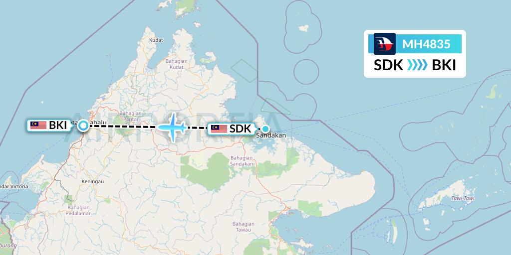 MH4835 Malaysia Airlines Flight Map: Sandakan to Kota Kinabalu