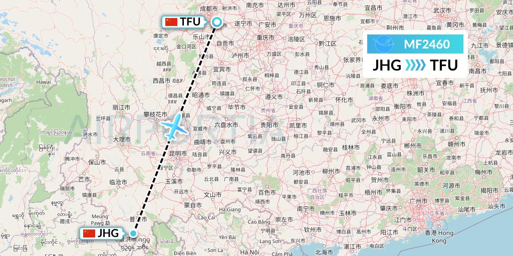 MF2460 Xiamen Airlines Flight Map: Jinghong to Chengdu