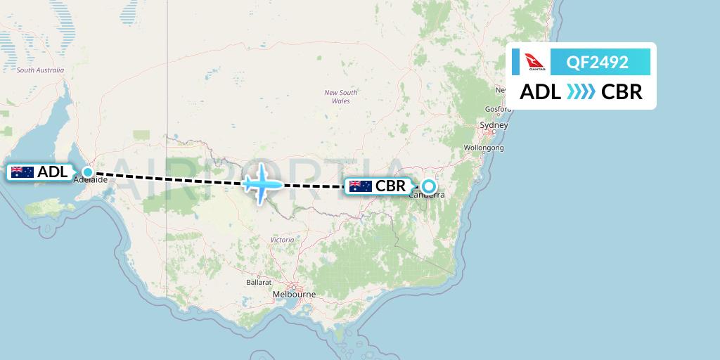 QF2492 Qantas Flight Map: Adelaide to Canberra