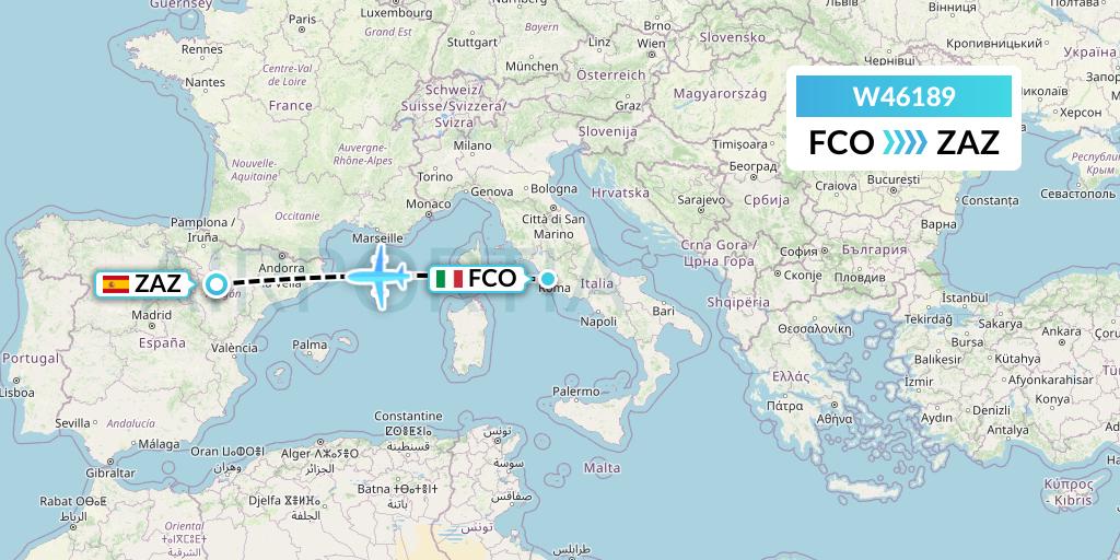 W46189 Wizz Air Malta Flight Map: Rome to Zaragoza