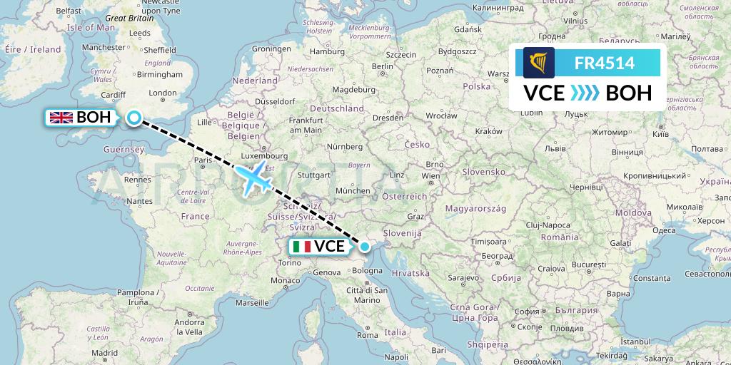 FR4514 Ryanair Flight Map: Venice to Bournemouth