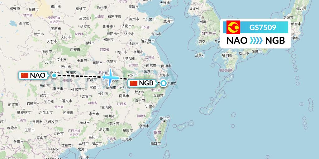 GS7509 Tianjin Airlines Flight Map: Nanchong to Ningbo