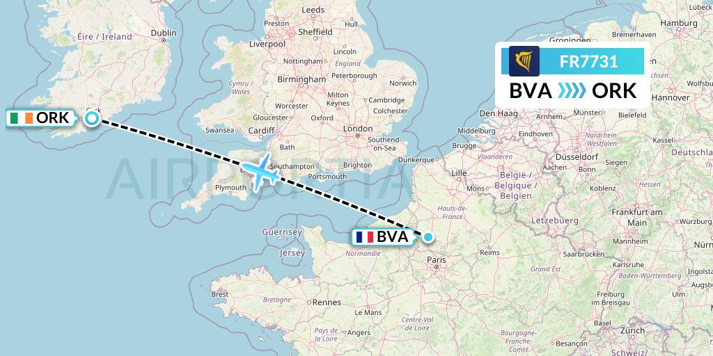 FR7731 Ryanair Flight Map: Paris to Cork