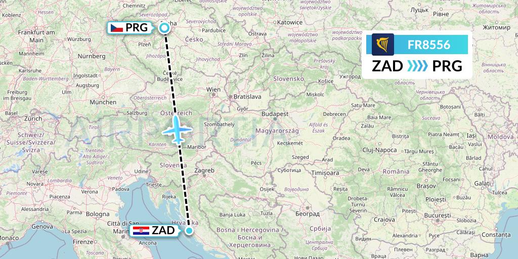 FR8556 Ryanair Flight Map: Zadar to Prague