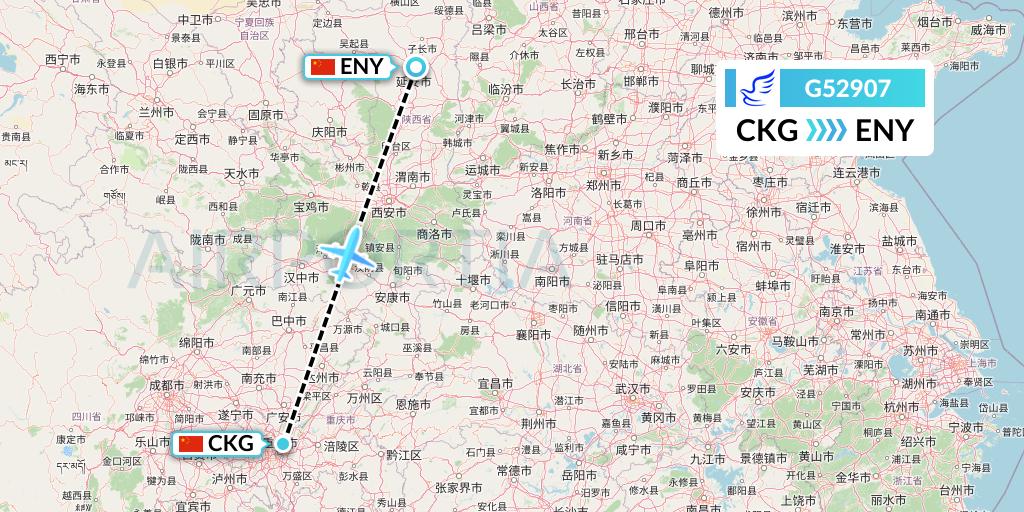G52907 China Express Airlines Flight Map: Chongqing to Yan'an