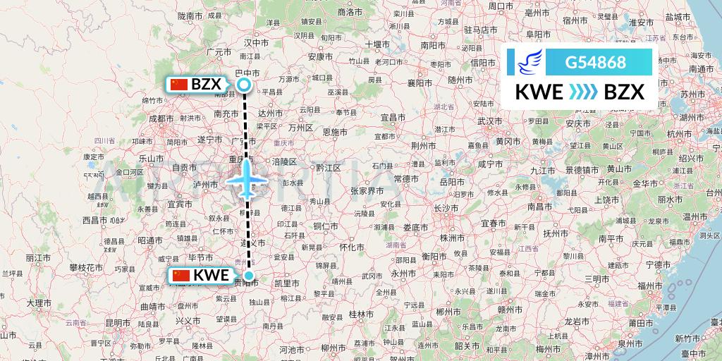G54868 China Express Airlines Flight Map: Guiyang to Guangyuan