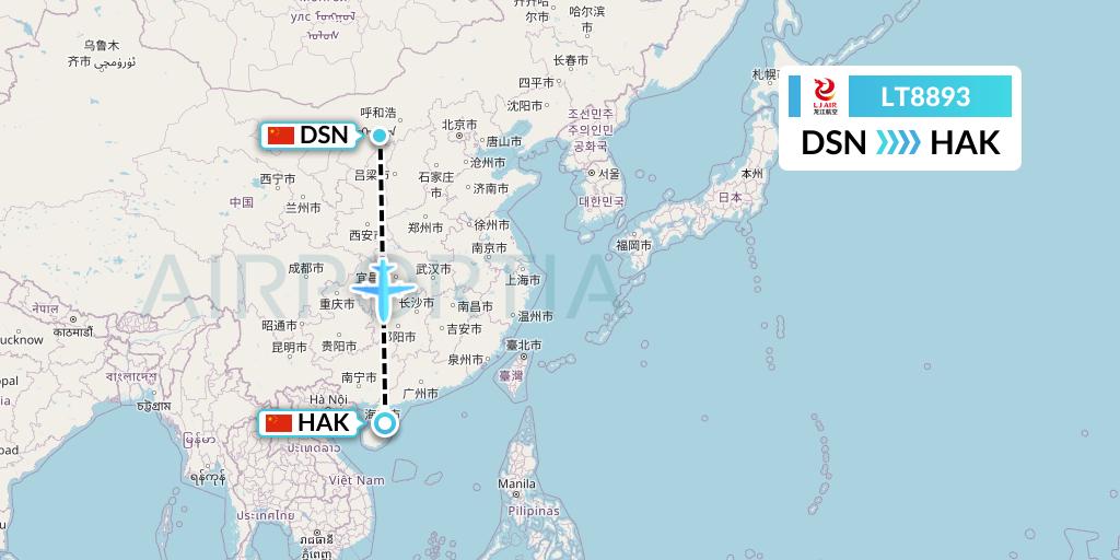 LT8893 LongJiang Airlines Flight Map: Dongsheng to Haikou
