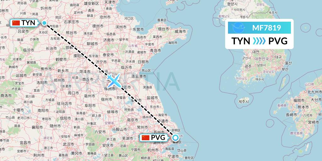 MF7819 Xiamen Airlines Flight Map: Taiyuan to Shanghai