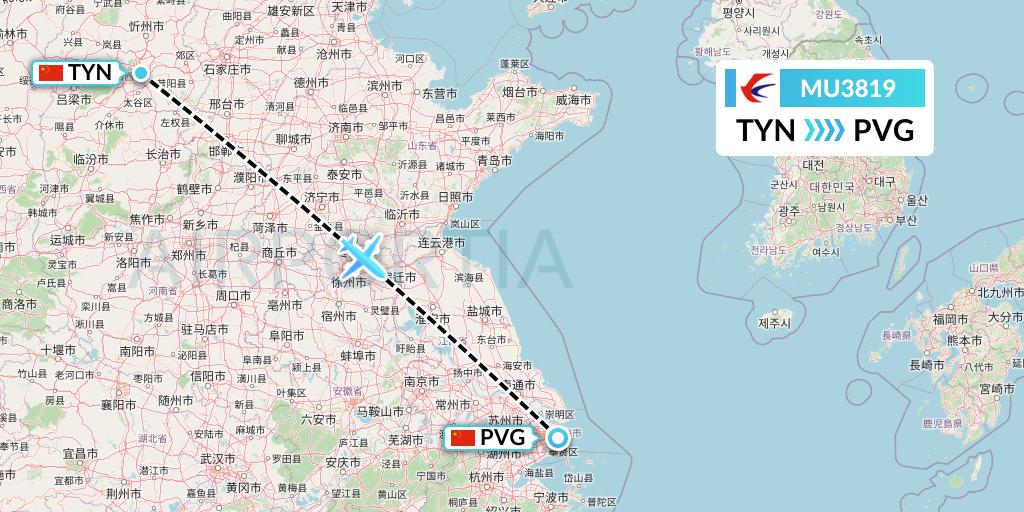 MU3819 China Eastern Airlines Flight Map: Taiyuan to Shanghai
