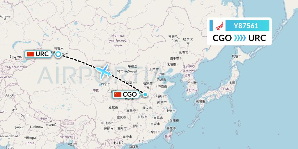 Y87561 Yangtze River Express Flight Map: Zhengzhou to Urumqi