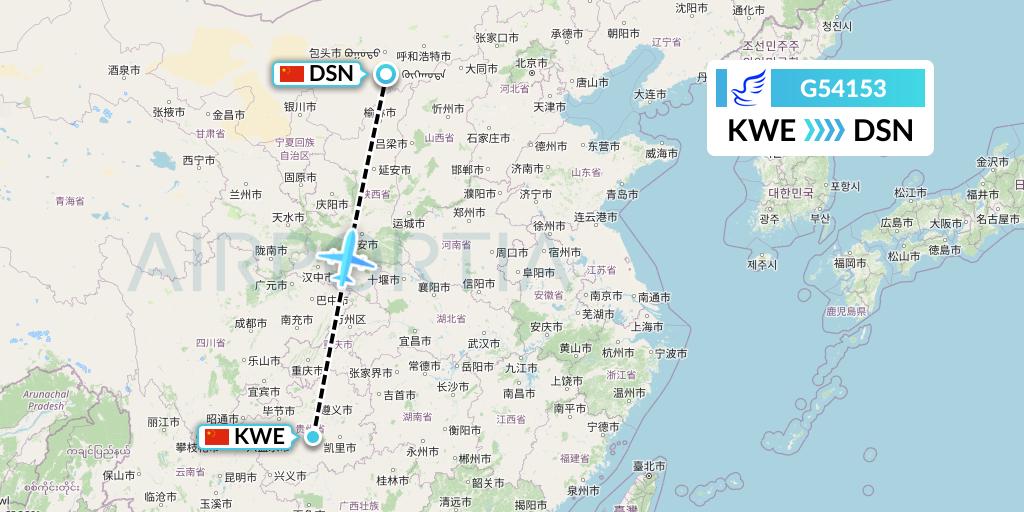 G54153 China Express Airlines Flight Map: Guiyang to Dongsheng