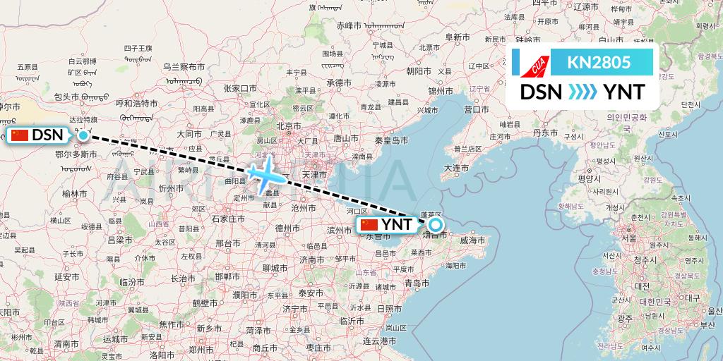 KN2805 China United Airlines Flight Map: Dongsheng to Yantai