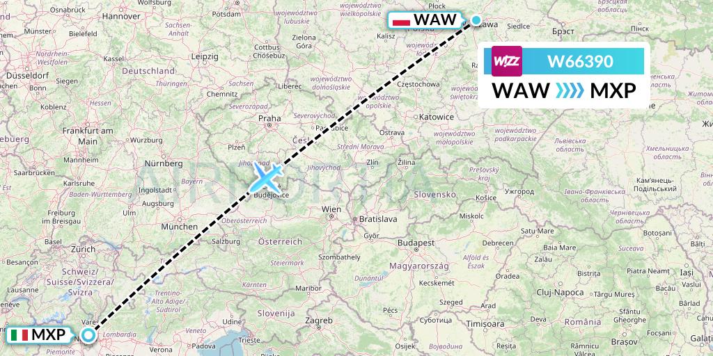 W66390 Wizz Air Flight Map: Warsaw to Milan