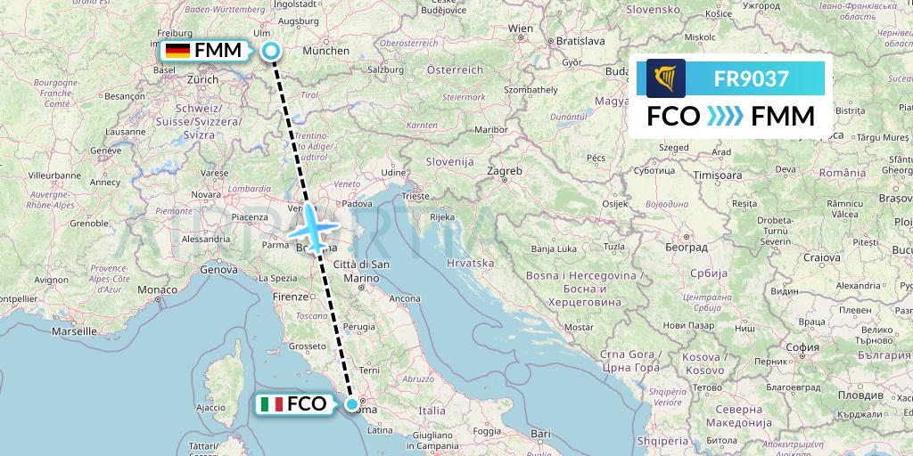 FR9037 Ryanair Flight Map: Rome to Memmingen