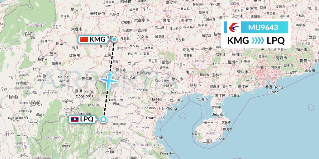 MU9643 China Eastern Airlines Flight Map: Kunming to Luang Prabang