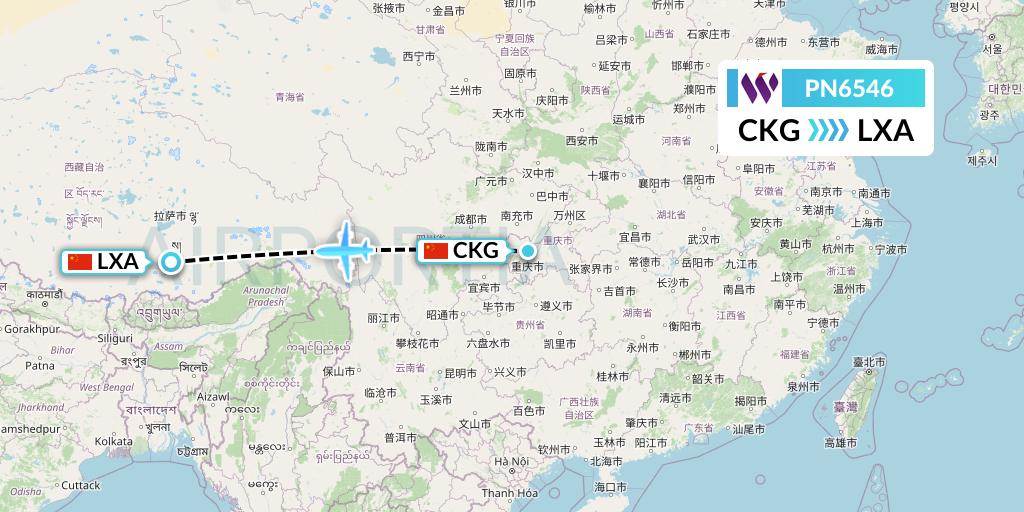 PN6546 China West Air Flight Map: Chongqing to Lhasa
