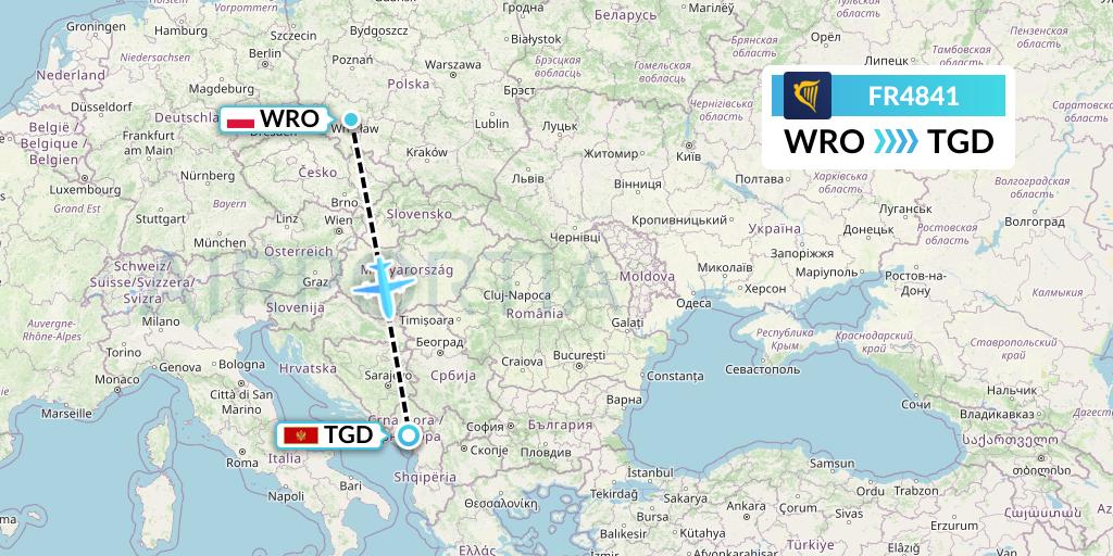 FR4841 Ryanair Flight Map: Wroclaw to Podgorica