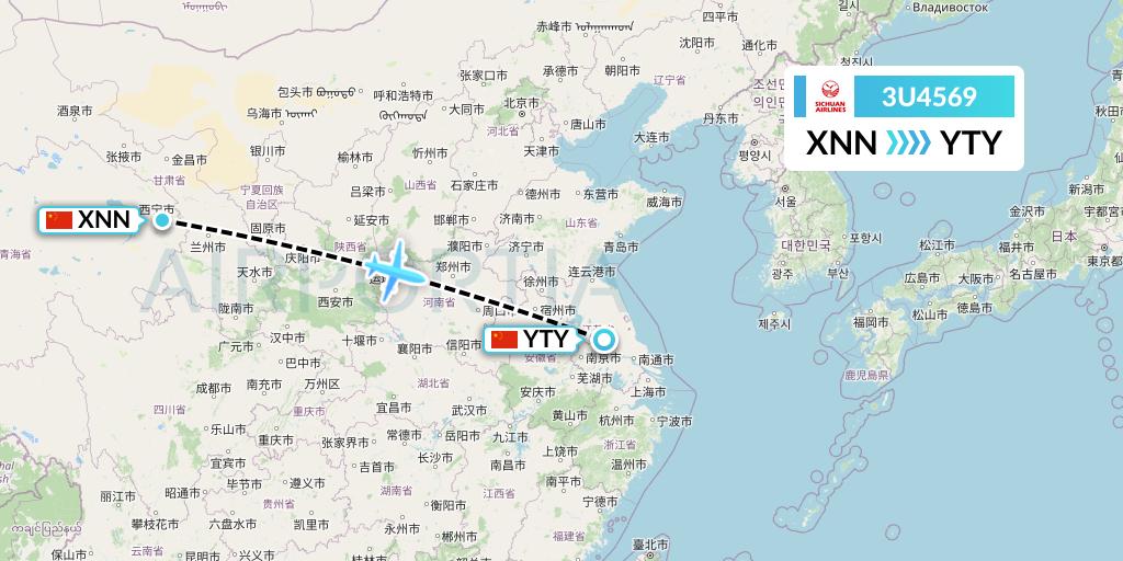3U4569 Sichuan Airlines Flight Map: Xining to Yangzhou