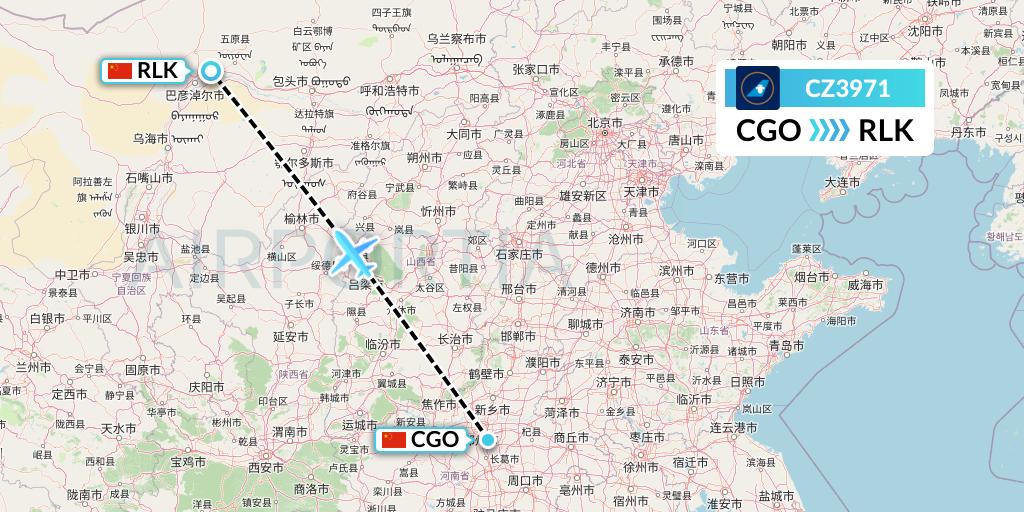 CZ3971 China Southern Airlines Flight Map: Zhengzhou to Bayannur
