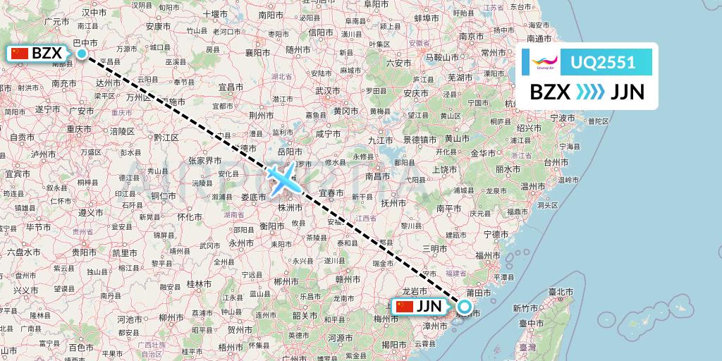 UQ2551 Urumqi Airlines Flight Map: Guangyuan to Jinjiang