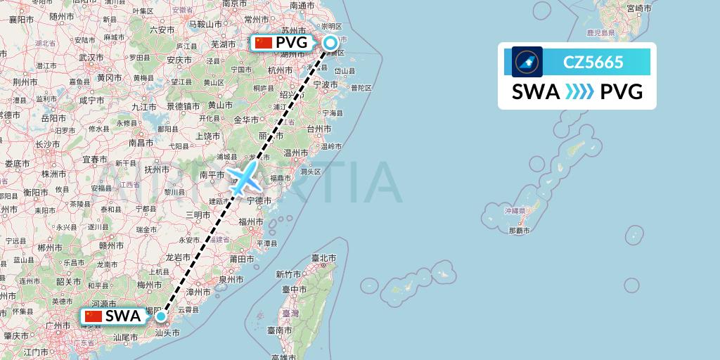 CZ5665 China Southern Airlines Flight Map: Jieyang to Shanghai