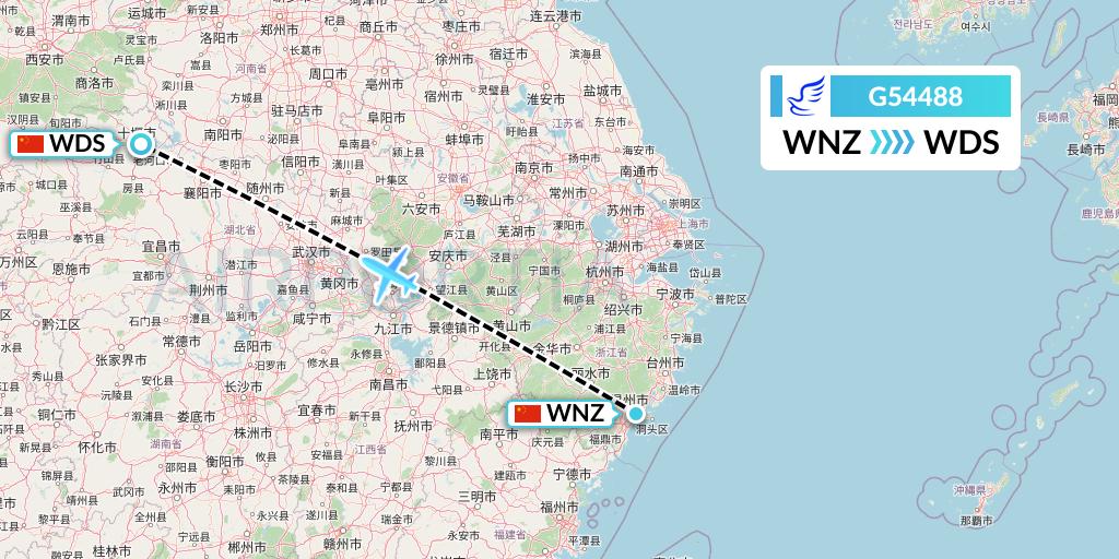G54488 China Express Airlines Flight Map: Wenzhou to Shiyan