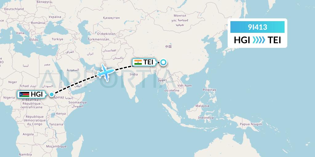 9I413 Air India Regional Flight Map: Higleig to Tezu