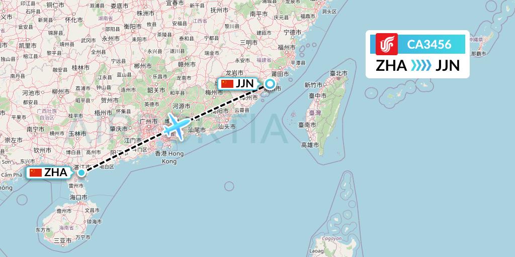 CA3456 Air China Flight Map: Zhanjiang to Jinjiang