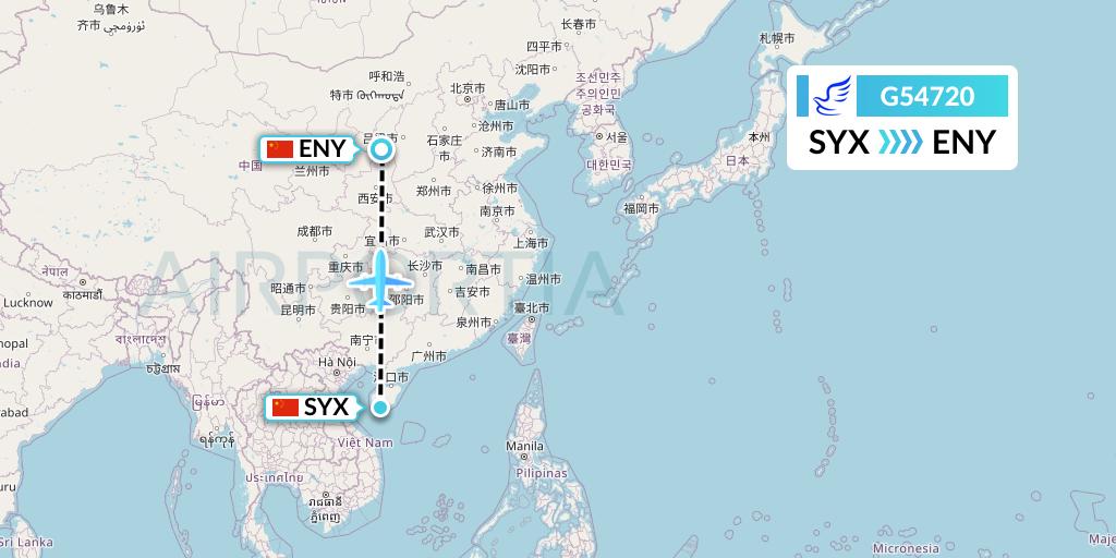 G54720 China Express Airlines Flight Map: Sanya to Yan'an