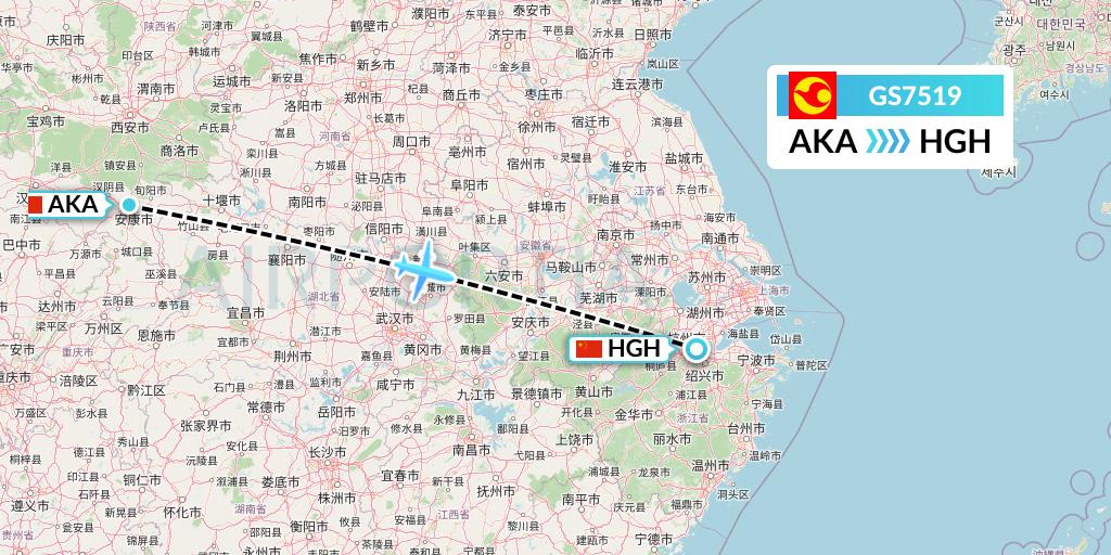 GS7519 Tianjin Airlines Flight Map: Ankang to Hangzhou