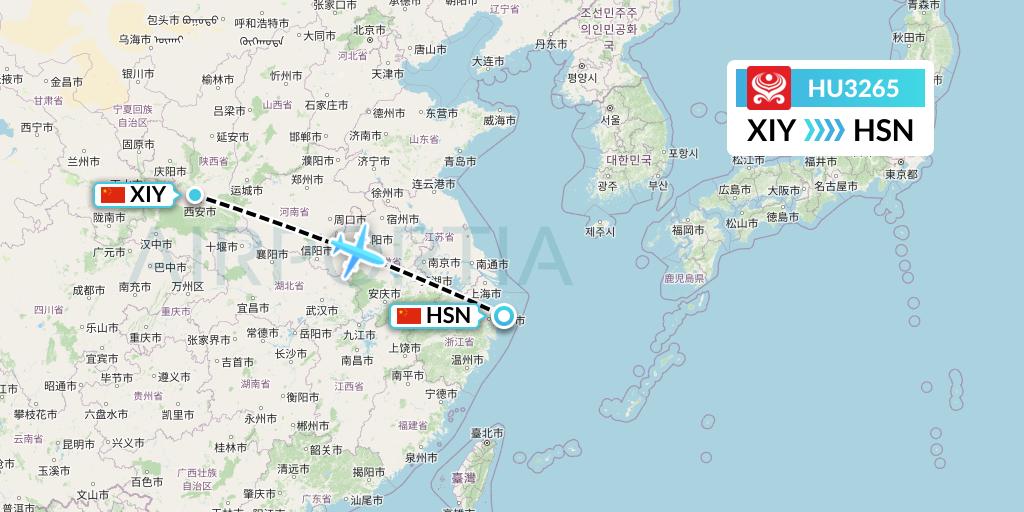 HU3265 Hainan Airlines Flight Map: Xi'an to Zhoushan