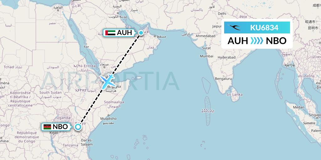 KU6834 Kuwait Airways Flight Map: Abu Dhabi to Nairobi