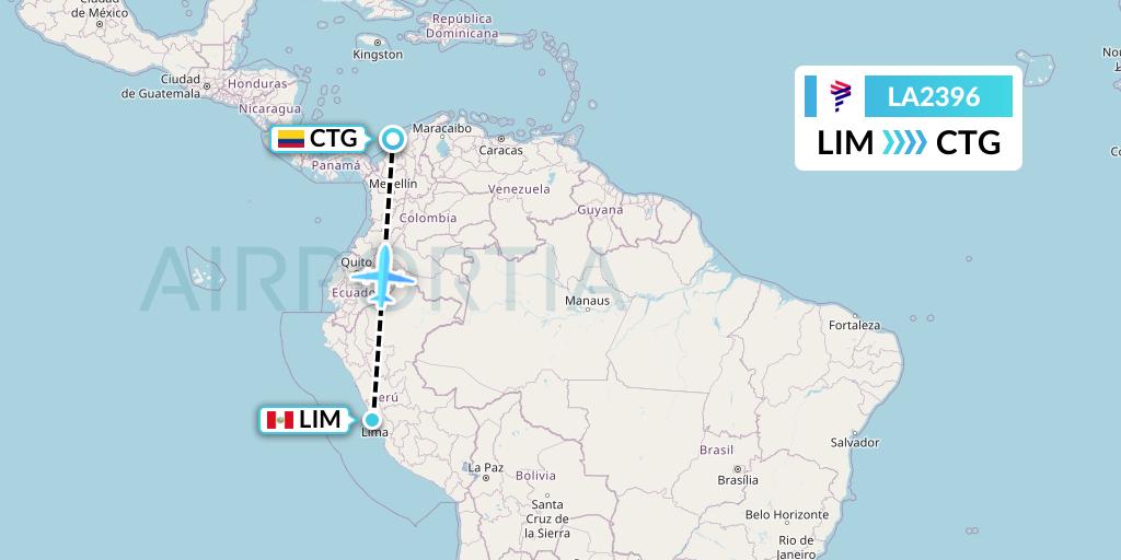 LA2396 LAN Airlines Flight Map: Lima to Cartagena