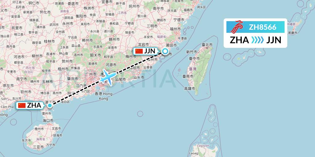 ZH8566 Shenzhen Airlines Flight Map: Zhanjiang to Jinjiang
