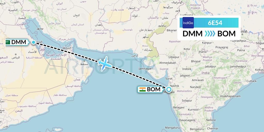 6E54 IndiGo Airlines Flight Map: Dammam to Mumbai