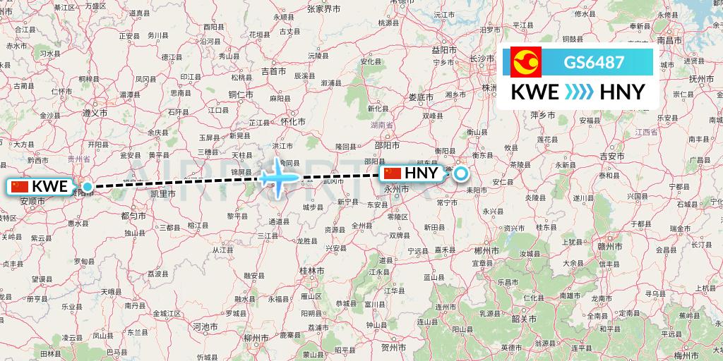 GS6487 Tianjin Airlines Flight Map: Guiyang to Hengyang