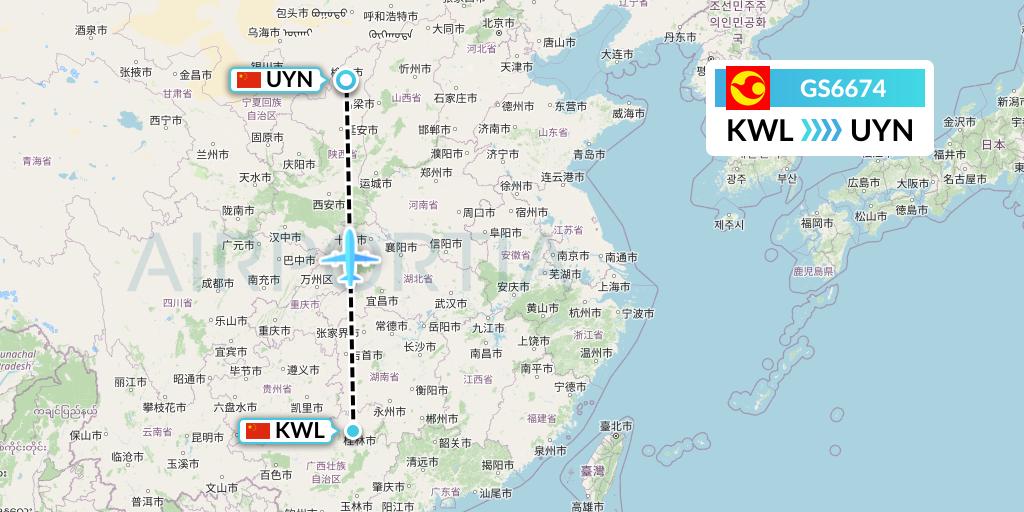 GS6674 Tianjin Airlines Flight Map: Guilin to Yulin