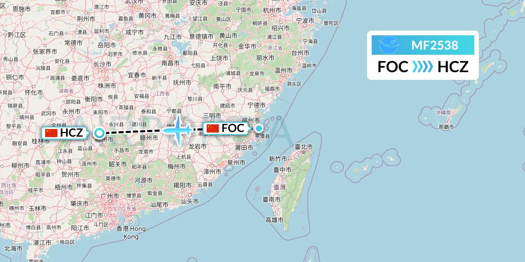 MF2538 Xiamen Airlines Flight Map: Fuzhou to Shaoguan