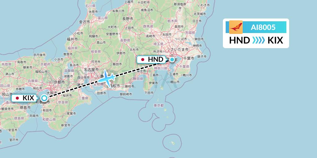 AI8005 Air India Flight Map: Tokyo to Osaka
