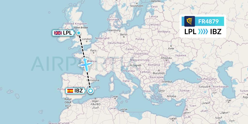 FR4879 Ryanair Flight Map: Liverpool to Ibiza
