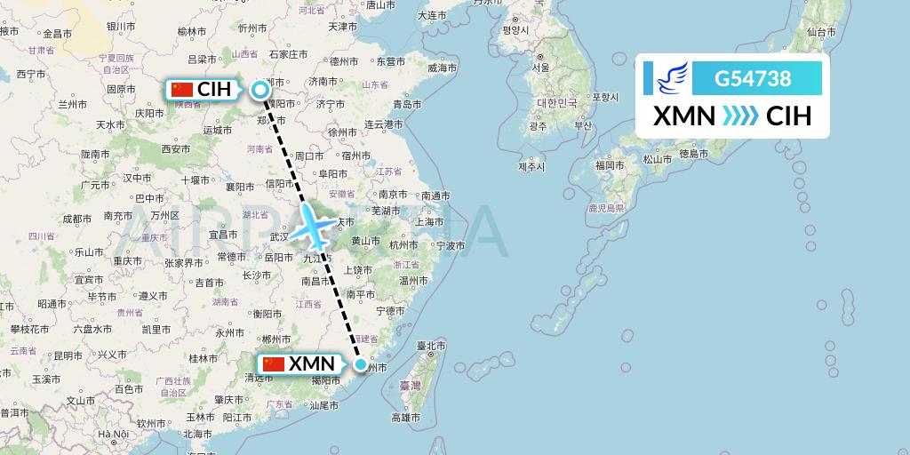 G54738 China Express Airlines Flight Map: Xiamen to Changzhi