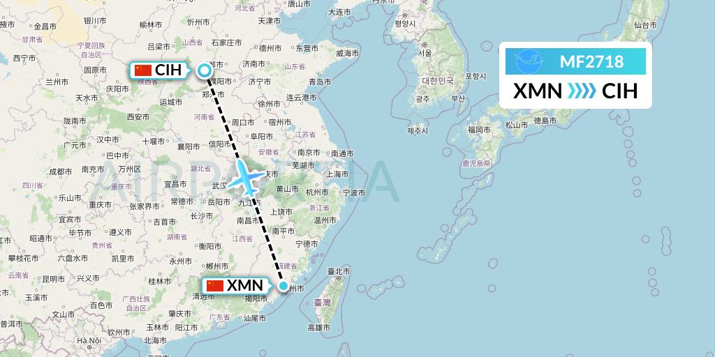 MF2718 Xiamen Airlines Flight Map: Xiamen to Changzhi