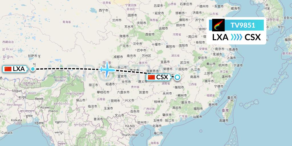 TV9851 Tibet Airlines Flight Map: Lhasa to Changsha