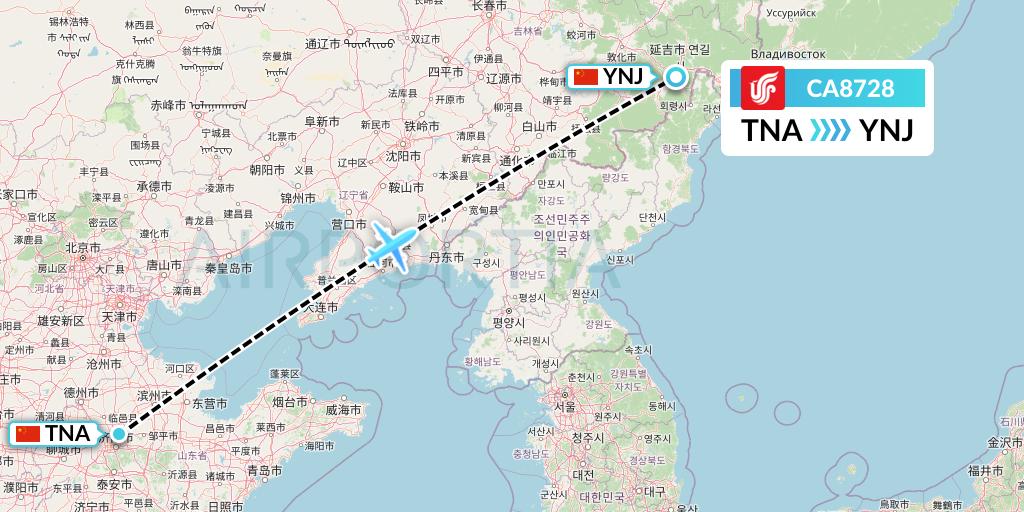 CA8728 Air China Flight Map: Jinan to Yanji