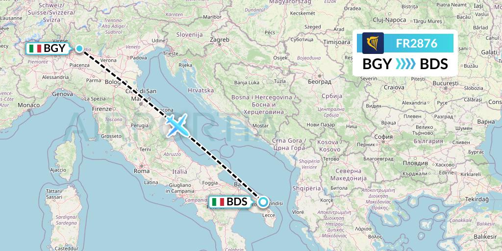 FR2876 Ryanair Flight Map: Milan to Brindisi