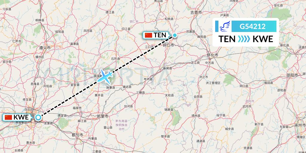 G54212 China Express Airlines Flight Map: Tongren to Guiyang